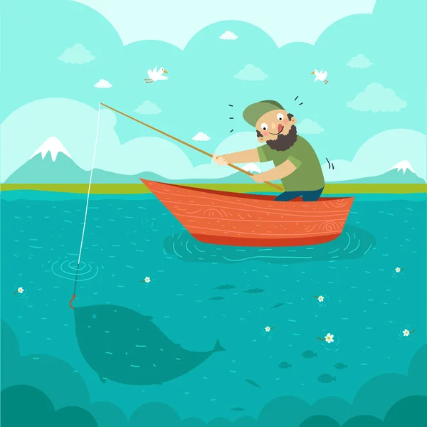 Pescador divertido la captura de un pez grande — Vector de stock