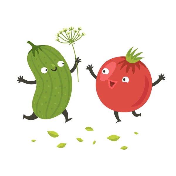 Divertido de dibujos animados pepino y tomate — Vector de stock