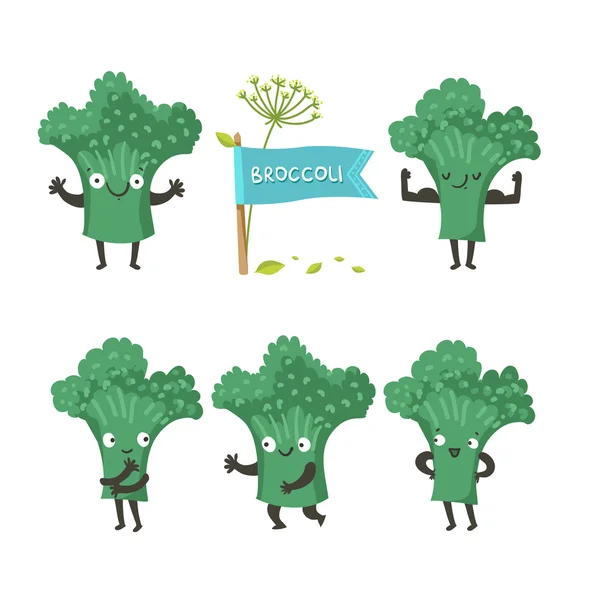 Cute happy broccoli set — Stock vektor