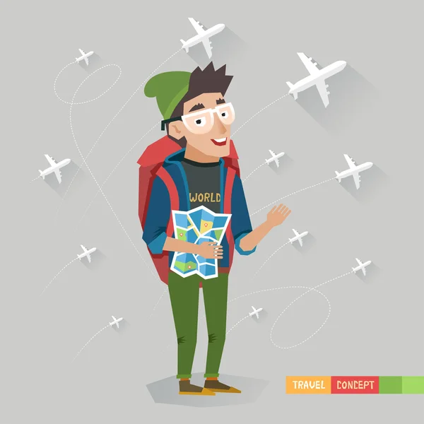 Young Hitchhiker traveling — Stock Vector
