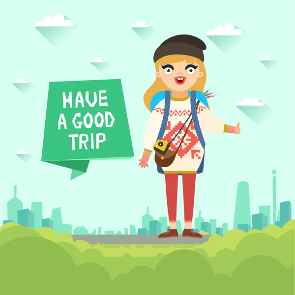 Girl traveling with big bag — Stock Vector