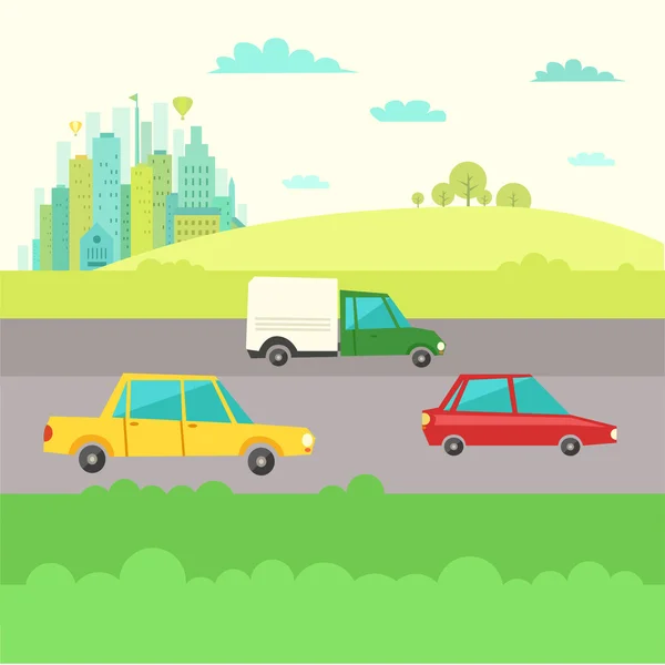 Paisaje rural con coches — Vector de stock