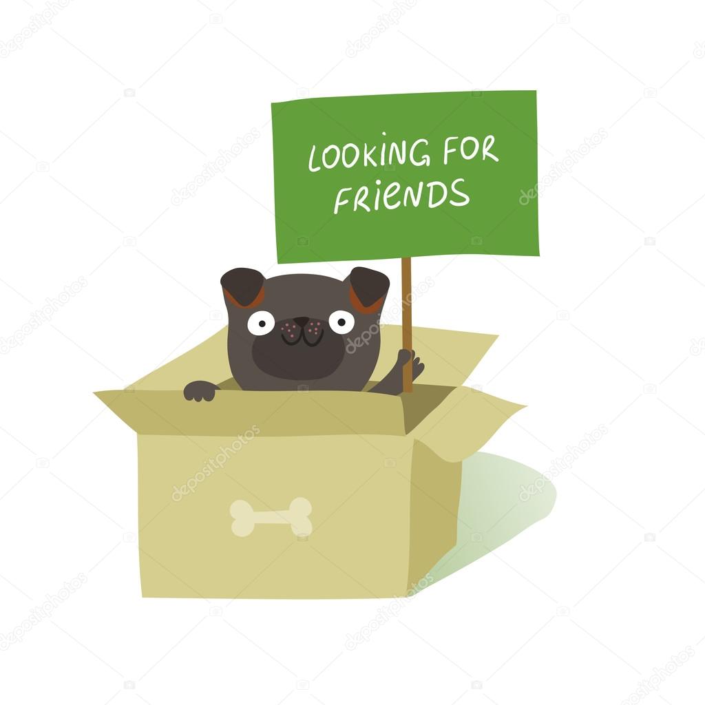 Cute dog sitting in cardboard box and holding a placard Looking for friends