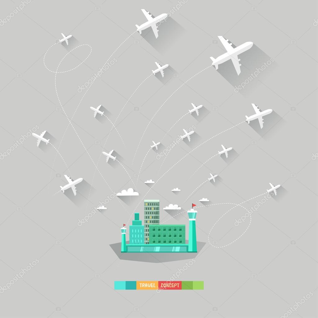 Modern flat vector background with airport and airplanes. Traveling concept. Good for web, mobile apps, infographics.