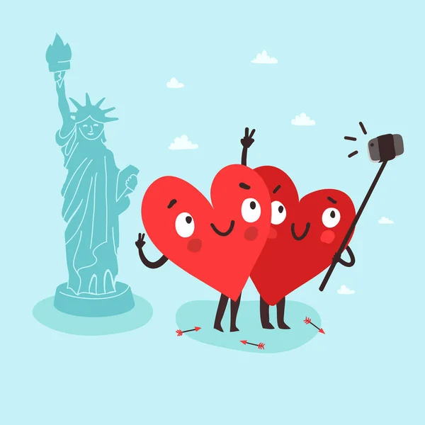 Couple Cute Hearts Making Selfie Smartphone Selfie Stick Statue Liberty — Stock Vector