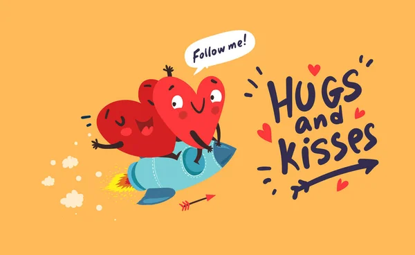 Casal Apaixonado Dois Corações Felizes Voar Num Foguetão Abraços Beijos Ilustração De Stock