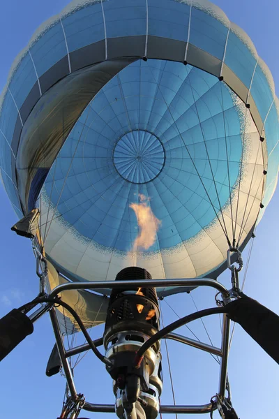 Vista inferior en globo de aire lleno y quemador de gas con abeto Fotos De Stock