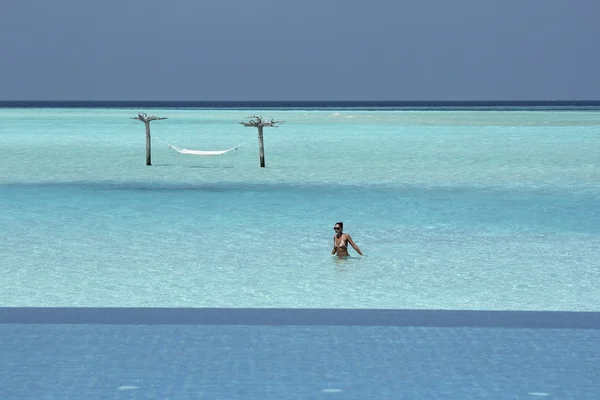 Hamaca en el agua en Maldivas y piscina infinita Imagen De Stock