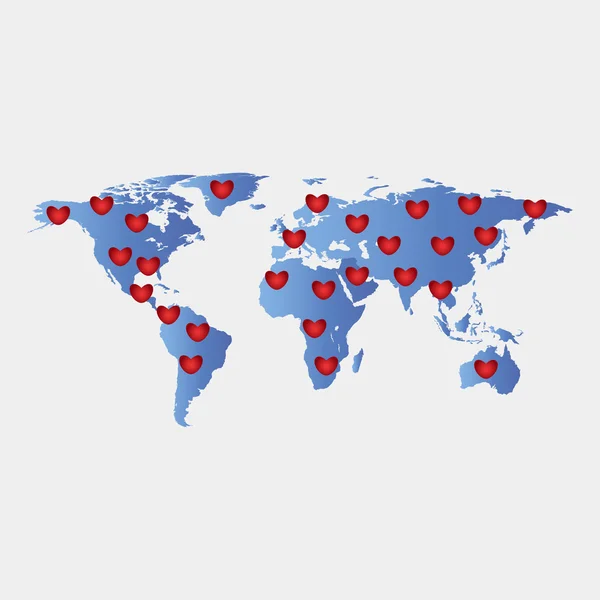 Mapa del mundo con corazones — Archivo Imágenes Vectoriales