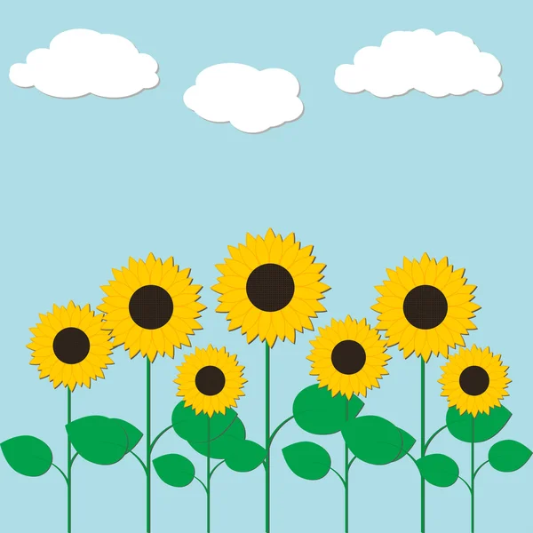 Colorful illustration with sunflowers and clouds — Stock Vector