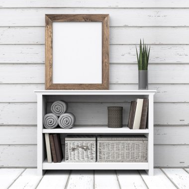 Şifoniyer masada boş ahşap poster çerçevesi