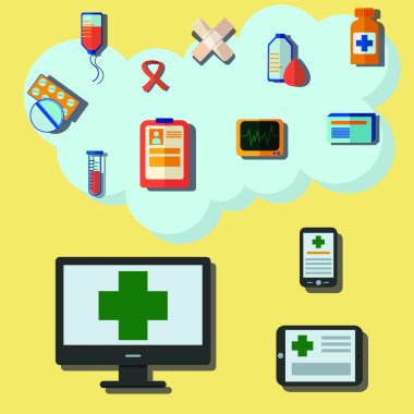 Vektör, düz tasarım, cep telefonu, bilgisayar, tablet bilgisayar tıbbi yardım ile. Yardım. destek. Sağlık uygulama bir smartphone cep telefonu ile.