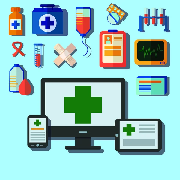 Vector, flat design, mobile phone, computer,  tablet computer with medical assistance. help. support. Health application on a smartphone. — Stock Vector