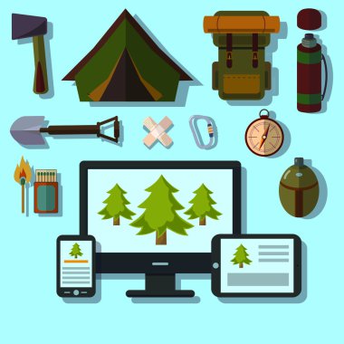 Bilgisayar, tablet ve cep telefonu Online rezervasyon simgeler, otel, ulaşım, Hizmetleri