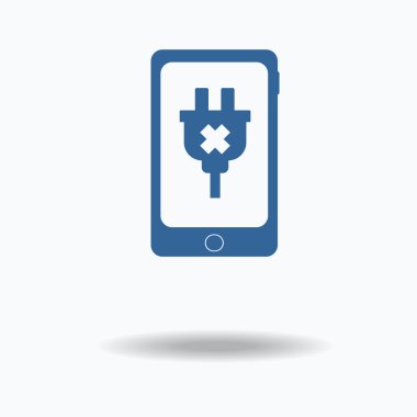 Hareket eden telefon simgesi şarj cihazı ile. Kavramı kesmek. Mavi kutsal kişilerin resmi. Beyaz arka plan üzerinde izole tek düz simge. vektör çizim., set web simgelerinden birini. EPS 10.