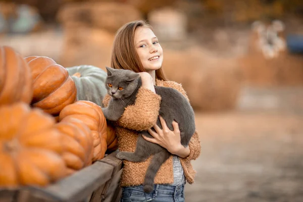 Uma menina segura um gato preto em seus braços — Fotografia de Stock