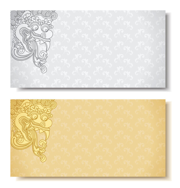 Horizontal banners. Balinese traditional ornament. Siver and gold background.