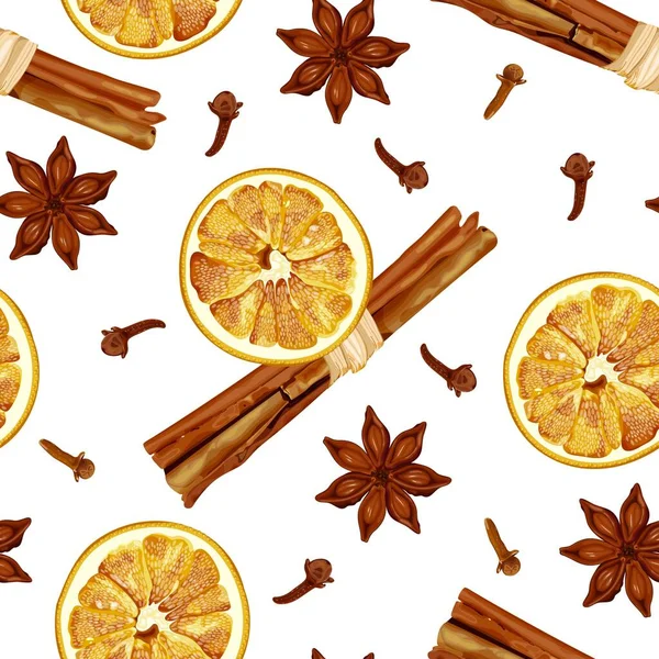 Seamless Pattern Cinnamon Sticks Dried Orange Slices Aniseed Stars Cloves — Stock Vector