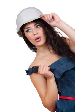 Seksi kız bir sönük coverall ve kask