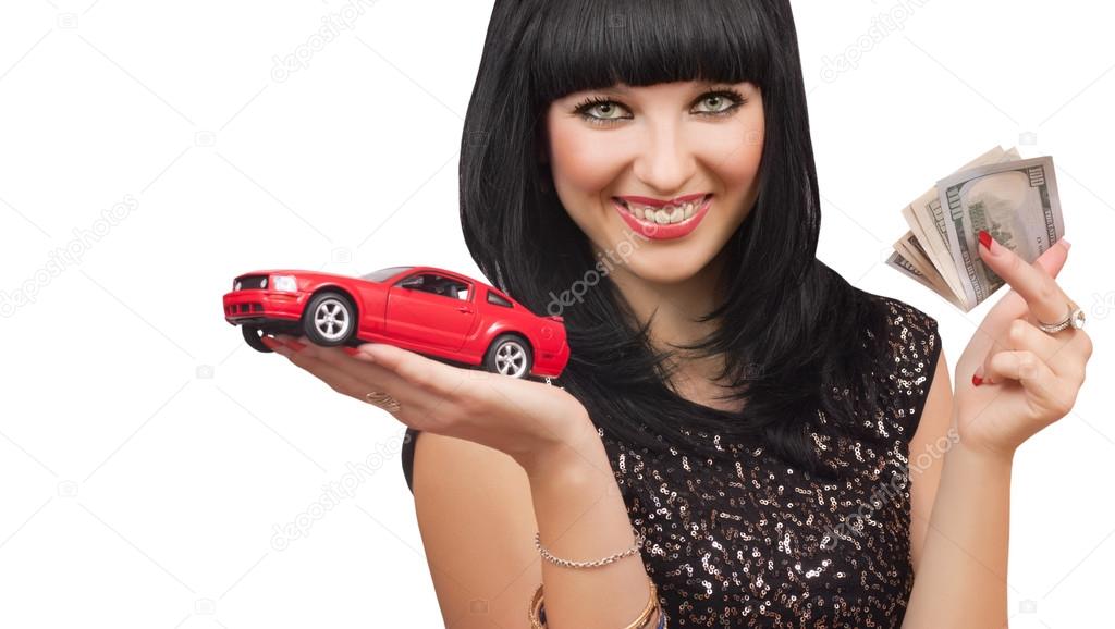 woman representative holding model red car dollar cash bills in hand