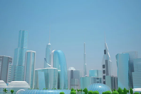 Sci fi futuristic future 3d city with trees and lake