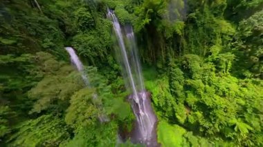 FPV insansız hava aracı uçuşu yemyeşil ormanda ve Endonezya, Bali 'deki Sekumpul Şelalesi' nin çağlayan akışında çarpıcı tropikal manzaraları yakalıyor..