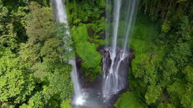 Endonezya, Bali 'deki tropik şelalenin insansız hava aracı görüntüsü. Büyüleyici orman sahnesi, çağlayan akarsular ve yemyeşil egzotik bitki örtüsüyle..