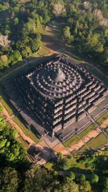 Merkez Java, Endonezya 'daki Borobudur Tapınağı' nın havadan görünüşü. Gündoğumunda, tropikal ormanlarla çevrili antik Budist anıtı. UNESCO Dünya Mirası Sitesi, kültür, tarih ve seyahat temaları.