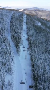 Kış dağlarındaki karlı çam ormanlarından geçen kayak kaldırma hattının sinematik hava aracı görüntüsü. Seyahat, doğa ve tatil projeleri için mükemmel..