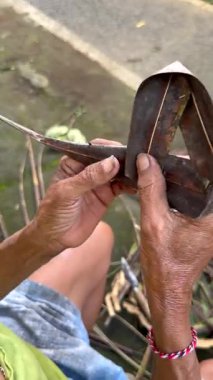 Geleneksel Balili hediye sepetini palmiye yapraklarından ören ellerin yakın çekimi. Bali 'de günlük ruhani ayin ve kültürel zanaat.