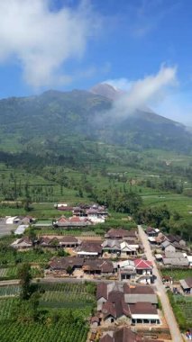 Merkezi Java, Endonezya 'daki Merapi Yanardağı' na uzanan geleneksel evleri ve yolları olan kırsal köy manzarası. Aktif bir volkanın yakınındaki günlük yaşamı gösteren manzara..