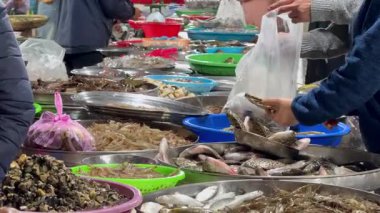 Vietnam 'da geleneksel ıslak pazarda taze balık ve deniz ürünleri satılıyor. Yerel satıcılar ve müşteriler, günlük yaşam, gıda kültürü ve Asya mutfağının sergilendiği işlek sokak pazarında çiğ gıda ticareti yapıyorlar..