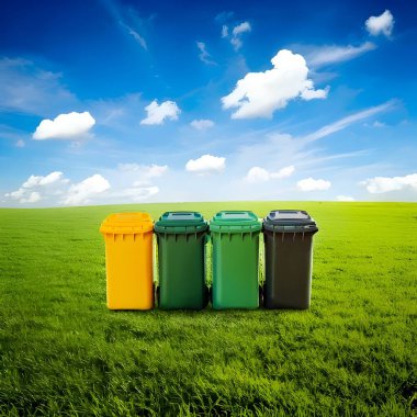plastic garbage bins against the background of a blue sky.