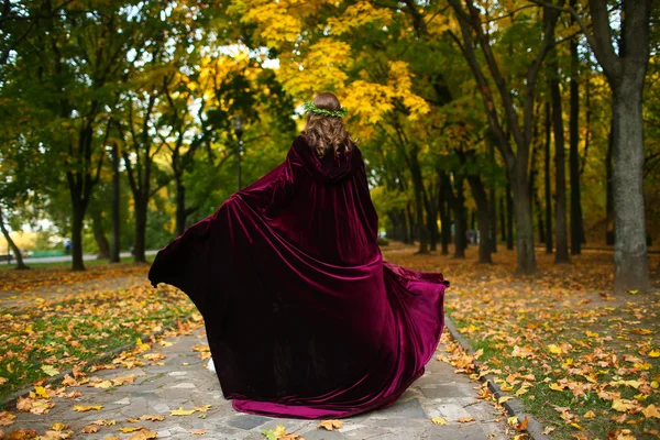 Schönes Mädchen mit Laterne im gruseligen Herbstwald. Fantasie und Halloween-Bild. kostümierte Frau im Park draußen. — Stockfoto