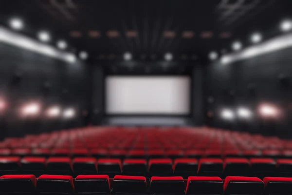 Borrão abstrato Fileiras vazias de teatro vermelho ou assentos de filme. Cadeiras na sala de cinema. Poltrona confortável — Fotografia de Stock