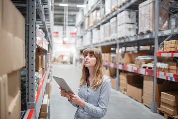 Beautiful young furniture store worker stock taking — Stock Photo, Image