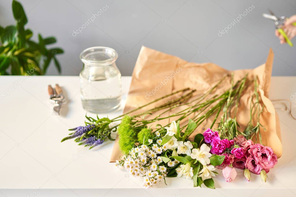 Bouquet 007, step by step installation of flowers in a vase. Flowers bunch, set for home. Fresh cut flowers for decoration home. European floral shop. Delivery fresh cut flower.