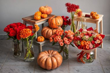 İç dekorasyon için balkabağı, turuncu ve kırmızı çiçekler. Çiçekçi dükkanındaki çiçekçinin işi. Taze kesilmiş çiçek. Sonbahar havası.