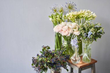 İç dekorasyon için beyaz ve mavi çiçekler. Çiçekçi dükkanındaki çiçekçinin işi. Taze kesilmiş çiçek. Avrupa çiçekçisi. Taze kesilmiş çiçek getirdim.