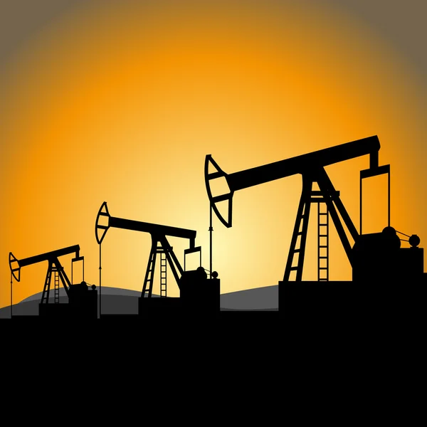 Oil pumps at sunset — Stock Vector
