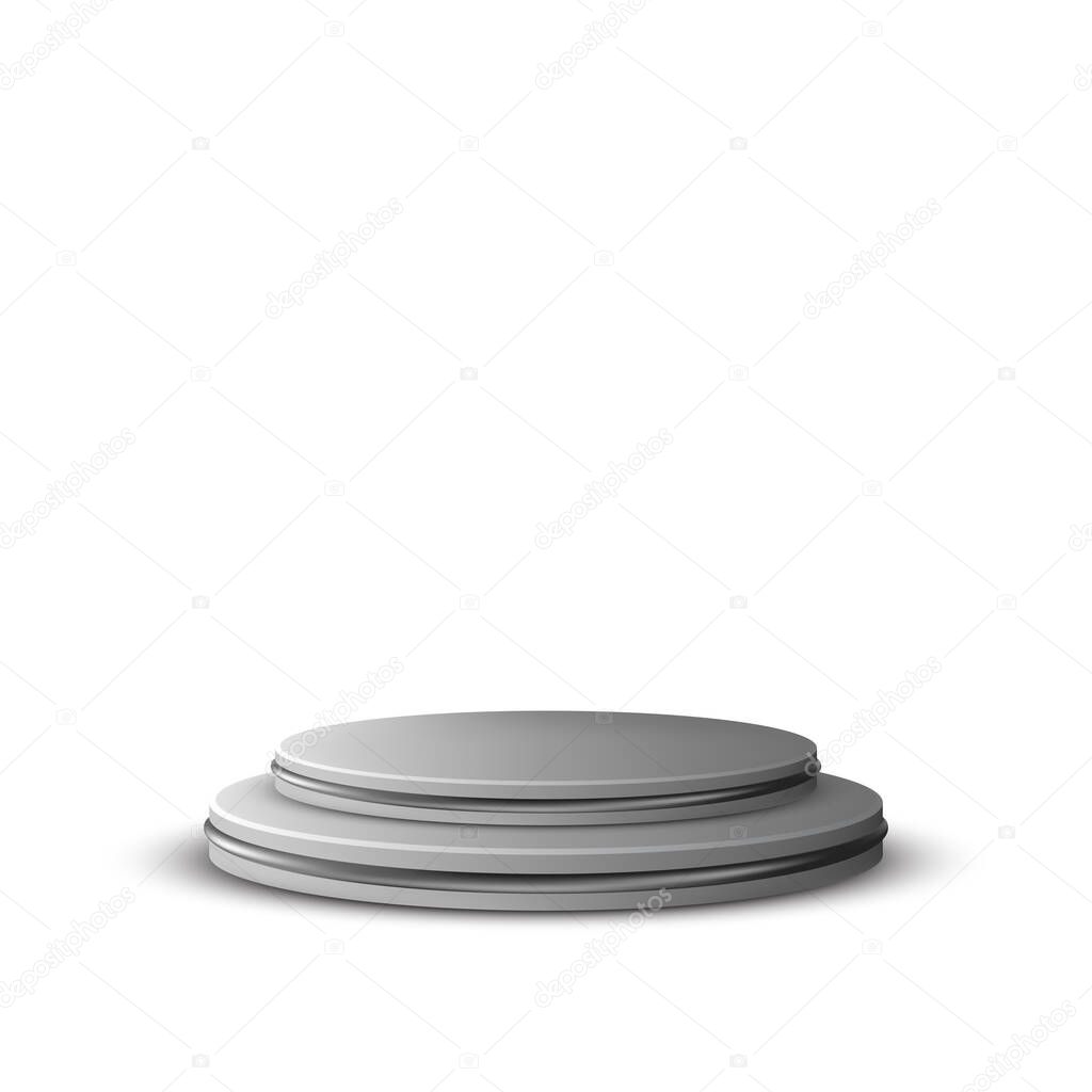 White circle podium on white backgrounds, vector illustration of a pedestal with metal elements