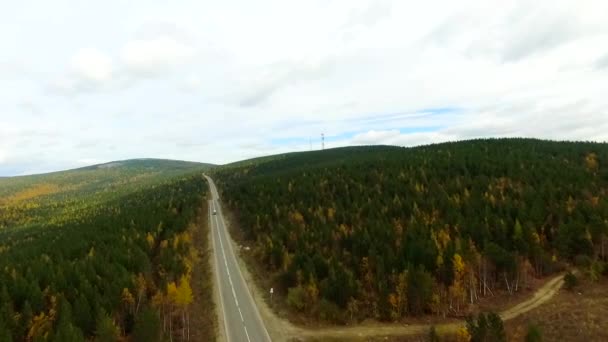 Letecký let ptáků nad silnicí na podzimní les. Ruská Burjatie — Stock video