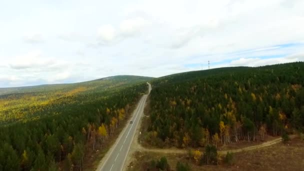 A birds-eye aerial flight over the road autumn forest. Russia Buryatia — Stock Video