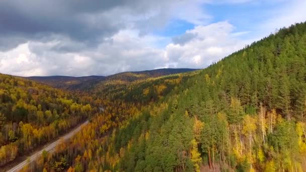 Повітряний політ з висоти пташиного польоту над дорогою осінній ліс. Росія Бурятія — стокове відео