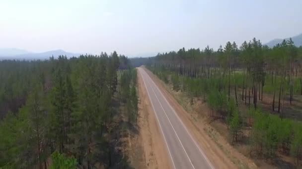 Luftaufnahme Straße im Nadelwald am Baikalsee, Burjatien, Russland — Stockvideo