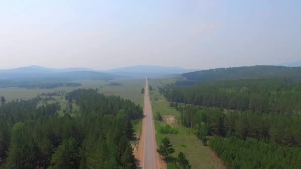 Aerial View Road In The Coniferous Forest On Lake Baikal, Buryatia — Stock Video