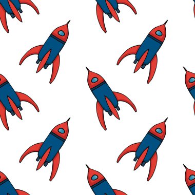 Çizgi film tasarımı için, astronot açık uzayda kusursuz desenli el yapımı roket ya da uzay gemileri. Kozmonot aracının vektör sembolleri. Sevimli olumlu el çizimleri yıldızların, ayın, UFO 'ların, dost canlısı uzaylıların, kozmonotların, uçan roketlerin, düşen C' lerin karalamaları.