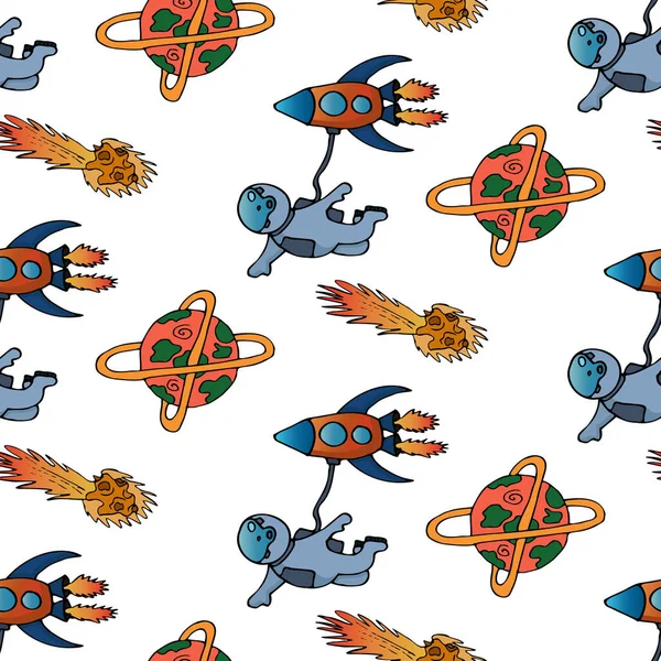Hand draw aliens and ufo seamless pattern of vector objects and design elements isolated on white background. Trendy kids hand drawn seamless pattern with planets and rockets. Baby vector background illustration with space. Doodle style. Scandinavian