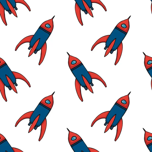 Hand draw rocket or spaceships with austronaut in open space seamless pattern for comic cartoon design. Vector symbols of cosmonaut vehicle. Cute positive hand drawn doodles of the stars, moon, UFO, friendly alien, cosmonaut, flying rocket, falling c