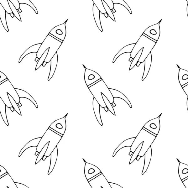 Hand draw rocket or spaceships with austronaut in open space seamless pattern for comic cartoon design. Vector symbols of cosmonaut vehicle. Cute positive hand drawn doodles of the stars, moon, UFO, friendly alien, cosmonaut, flying rocket, falling c